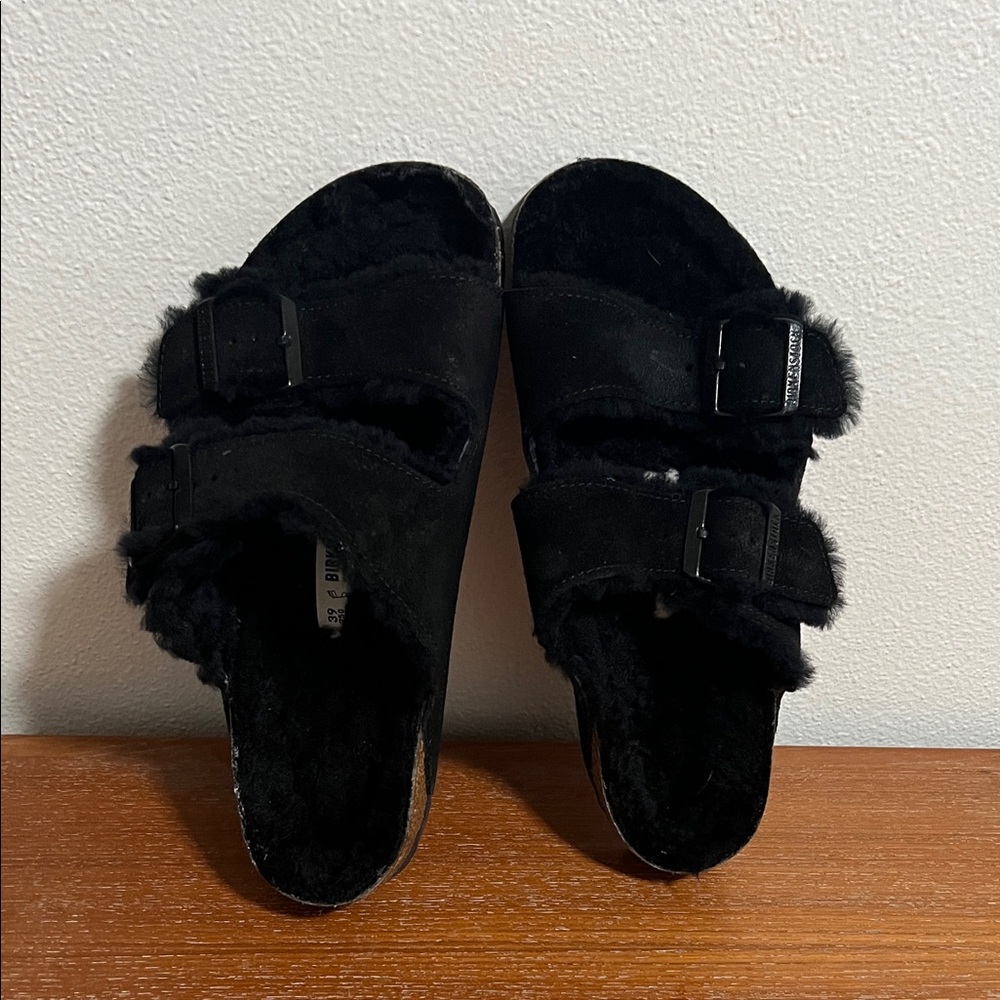Birkenstock Black Fuzzy Shearling Sandals 39
